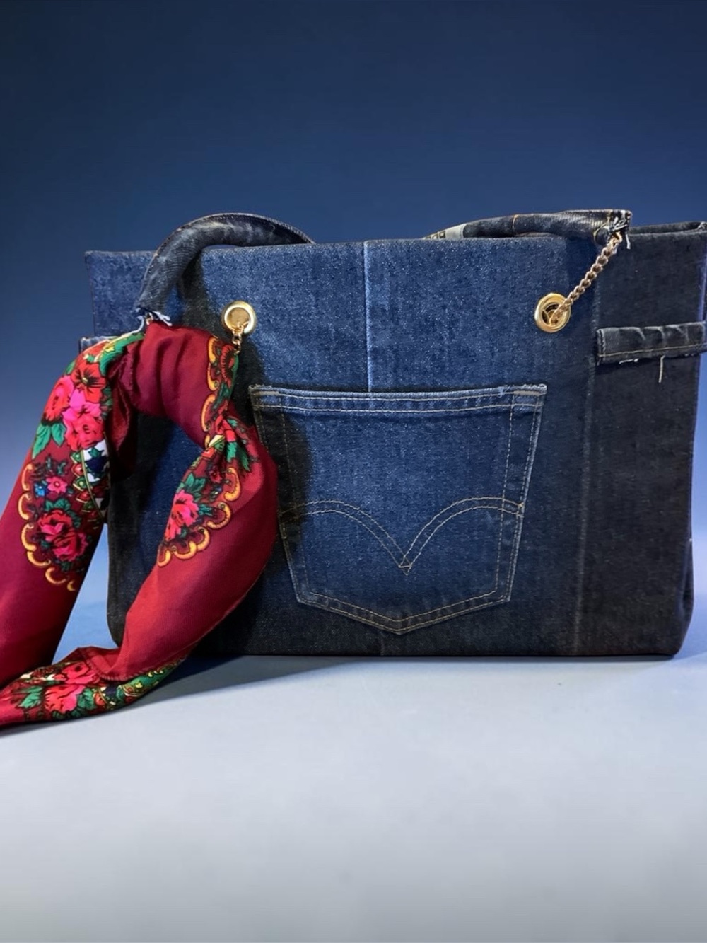 Denim&Co Blue Denim Tote with Red Floral Scarf Accent